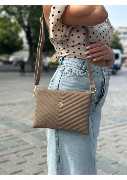 Kadın Saten Kumaş Ayarlanabilir Çapraz ve El Askılı Vizon Renkli Portföy, Clutch Çanta