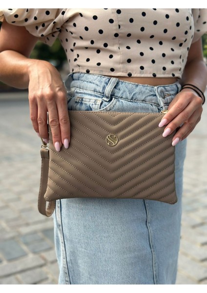 Kadın Saten Kumaş Ayarlanabilir Çapraz ve El Askılı Vizon Renkli Portföy, Clutch Çanta