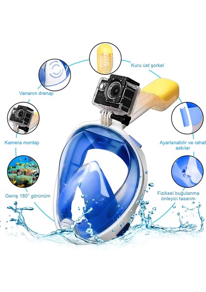 Şnorkel Dalış Maskesi Tam Yüz Buğu Engelleyici Fullface Yüzücü Maskesi Su Altı Keşifi fırsatları
