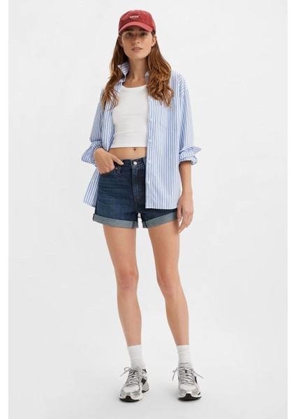 Kadın Yüksek Bel Mavi Kadın Mom Denim Kot Şort - A5564-0004
