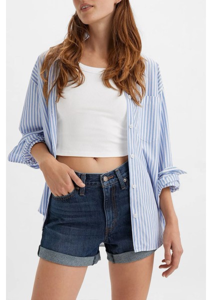 Kadın Yüksek Bel Mavi Kadın Mom Denim Kot Şort - A5564-0004