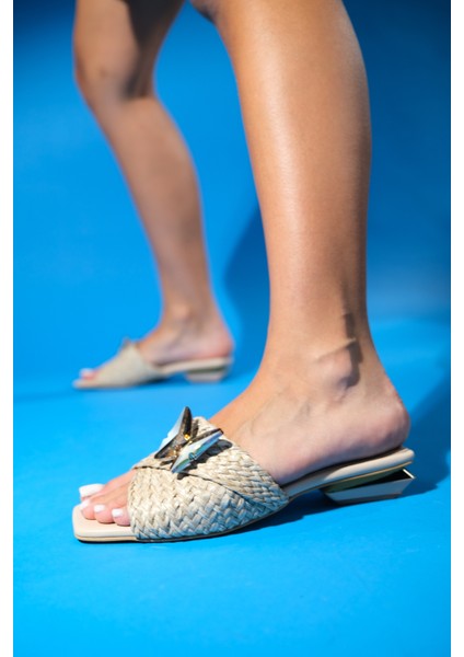 Journey Bej Hasır Kelebek Taşlı Kadın Kısa Topuklu Terlik indirimleri