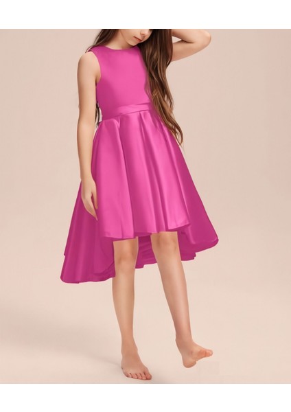 Kız Çocuk Fuşya Zarif Kısa Asimetrik Elbise Doğum Günü Balo Mezuniyet Elbise