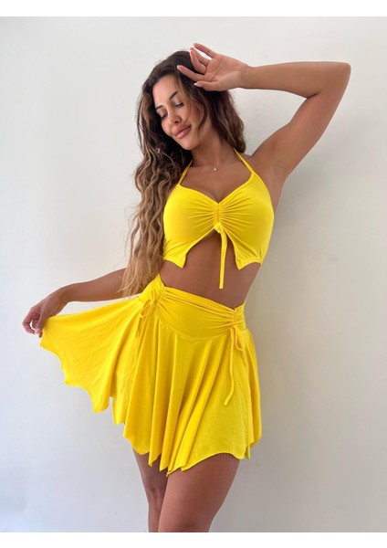 Sarı Mikro Kumaş Etek Büstiyer Ikili Takım