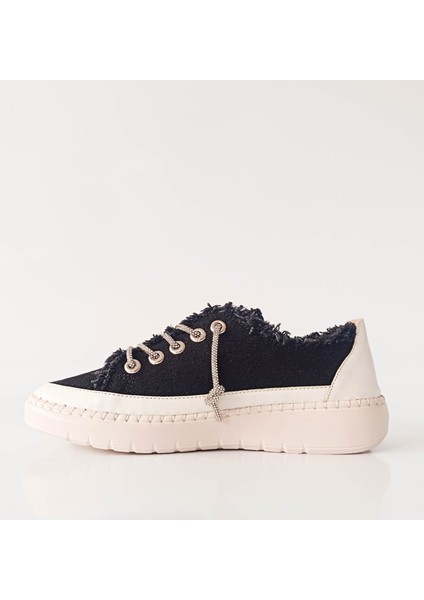 Siyah Renk Kot Malzeme Taşlı Düz Taban Kadın Sneakers fiyatları