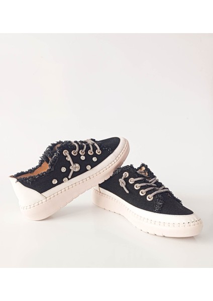 Siyah Renk Kot Malzeme Taşlı Düz Taban Kadın Sneakers modelleri