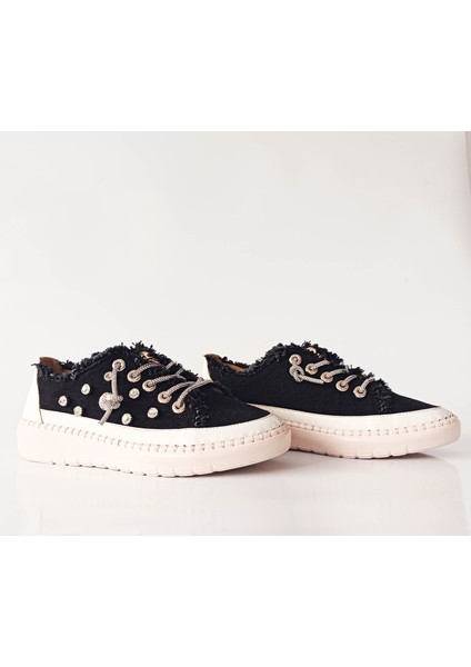 Siyah Renk Kot Malzeme Taşlı Düz Taban Kadın Sneakers fırsatları