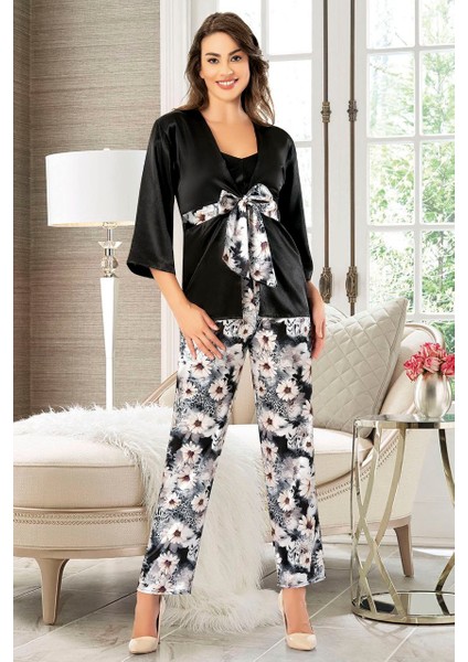 Saten Dantel Detaylı Sabahlık'lı 3 Lü Pijama Takım Çiçek Desenli 4910 Siyah fiyatları