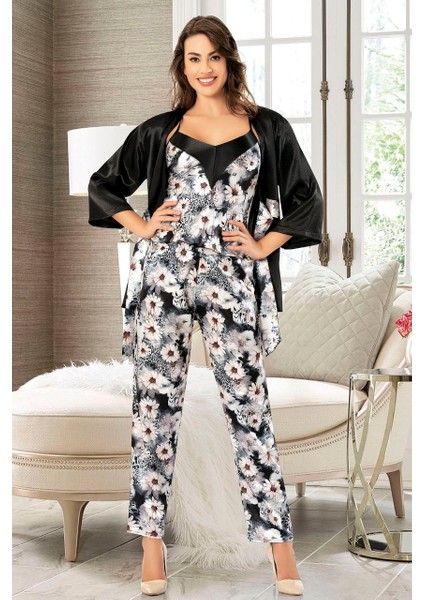 Saten Dantel Detaylı Sabahlık'lı 3 Lü Pijama Takım Çiçek Desenli 4910 Siyah