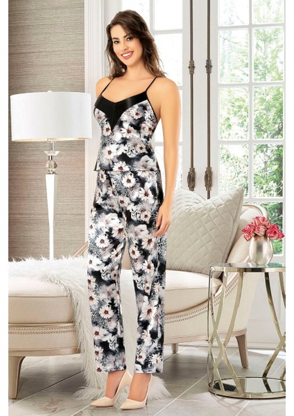 Saten Dantel Detaylı Sabahlık'lı 3 Lü Pijama Takım Çiçek Desenli 4910 Siyah modelleri