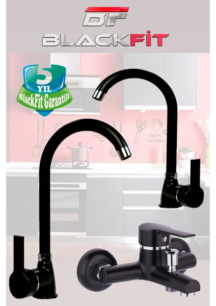 Siyah Delta 3 Lü Banyo Duş Bataryası Musluğu Seti Mutfak ve Lavabo 5 Yıl Garanti