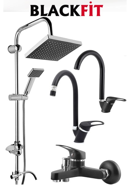 Siyah Yağmurlama Tepe Duş Seti Banyo Mutfak Lavabo Bataryası Çift Su Girişli