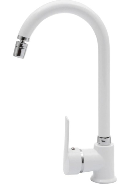 Beyaz Armatür Oynar Perlatörlü Mutfak Evye Bataryası 360 Derece Sıcak Soğuk Su Girişli