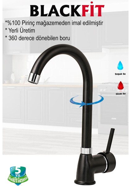 Siyah Delta Mutfak Bataryası Mutfak Musluğu Eviye Bataryası Çift Su Girişli 5 Yıl Garantili