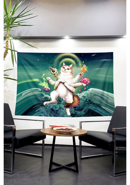 Saten Ganesha Meditasyon Kedi Duvar Örtüsü Duvar Halısı Tapestry Hinduism Modern 150 x 100 Çok Renk