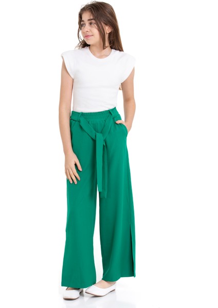 Beli Lastikli Paçası Yırtmaçlı Kuşaklı Kız Çocuk Pantolon fiyatları