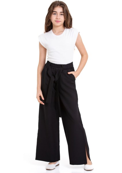 Beli Lastikli Paçası Yırtmaçlı Kuşaklı Kız Çocuk Pantolon