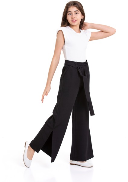 Beli Lastikli Paçası Yırtmaçlı Kuşaklı Kız Çocuk Pantolon fiyatları