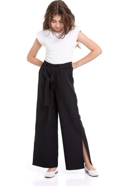 Beli Lastikli Paçası Yırtmaçlı Kuşaklı Kız Çocuk Pantolon modelleri