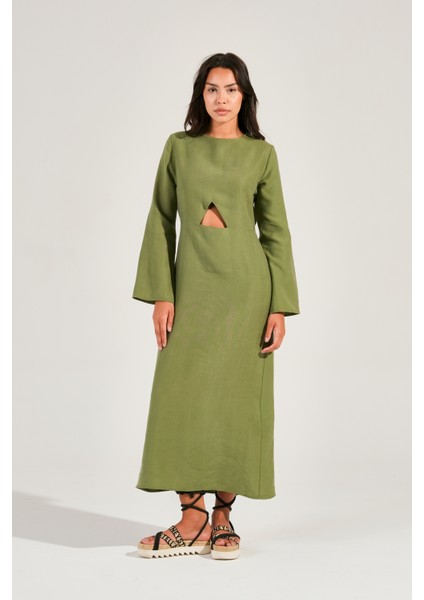 Sırt Dekolteli Uzun Kollu Tensel Kumaş Midi Elbise