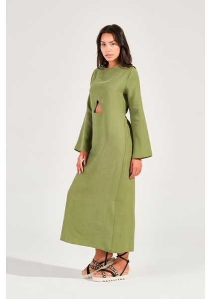 Sırt Dekolteli Uzun Kollu Tensel Kumaş Midi Elbise fiyatları
