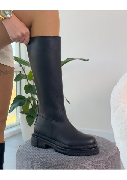 Tekno Trust Poli First Siyah Kışlık Uzun Fermuarlı Su Geçirmez Kadın Çizme Düz Topuklu Eva Taban Maxi Suni Deri