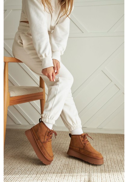 Tekno Trust Kahverengi Taba Rengi Içi Yünlü Kalın Tabanlı Bağcıklı Bot Tekstil Tekstil Düz Topuklu Günlük Düz E indirimleri