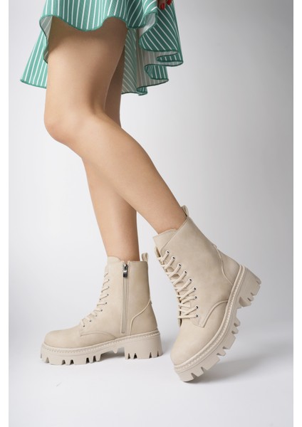 Tekno Trust Regular Bej Mat Kalın Taban Postal Tekstil Düz Kısa Topuklu (1- 4 Cm) Smart Suni Deri Günlük Suya D