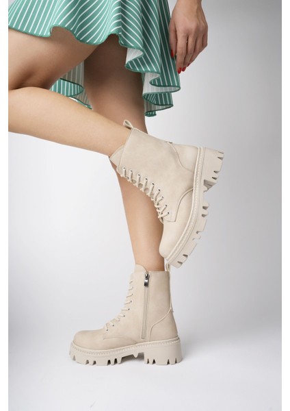 Tekno Trust Regular Bej Mat Kalın Taban Postal Tekstil Düz Kısa Topuklu (1- 4 Cm) Smart Suni Deri Günlük Suya D indirimleri