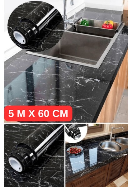 Siyah Mermer Desenli Yapışkanlı Kaplama Kağıt Tezgah Dolap Mutfak Kağıdı Su Geçirmez 5 M x 60 cm
