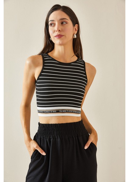 Siyah Çizgili Bisiklet Yaka Askılı Crop Bluz 5YXK2-48671-02 fiyatları