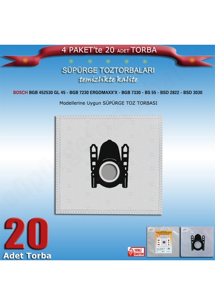 Bosch Bgb 452530 Gl 45 - Bgb 7230 Ergomaxx'x - Bgb 7330 - Bs 55 - Bsd 2822 - Bsd 3030 Modellerine Uygun 20 Adet Süpürge Toz Torbası 200620