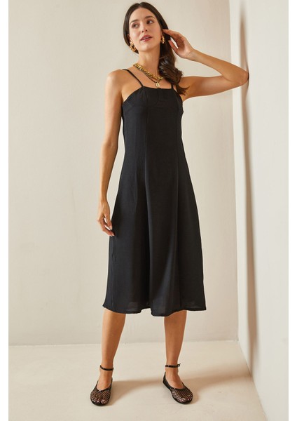 Siyah Ince Askılı Midi Elbise 5YXK6-48697-02