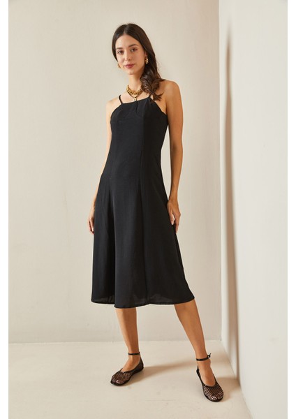 Siyah Ince Askılı Midi Elbise 5YXK6-48697-02 fiyatları