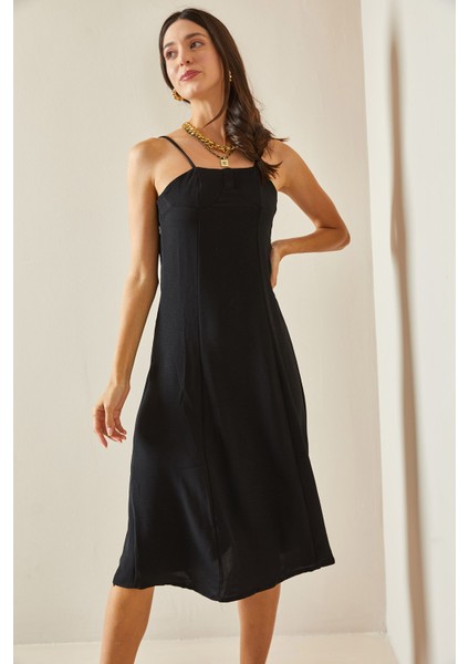 Siyah Ince Askılı Midi Elbise 5YXK6-48697-02 fırsatları