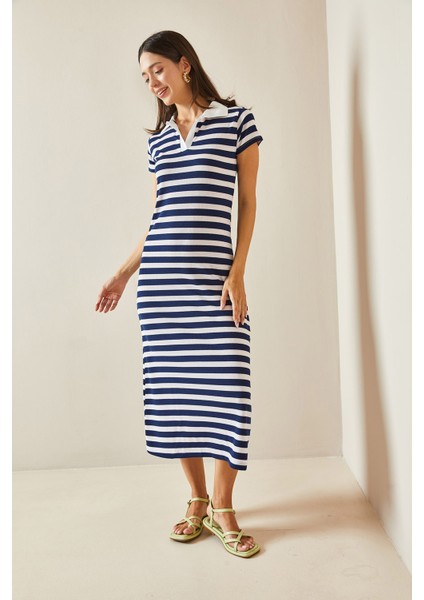 Mavi Polo Yaka Çizgili Midi Elbise 5YXK6-48699-12 modelleri