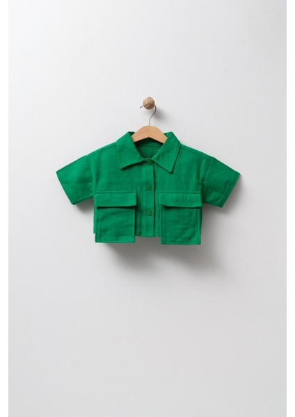 Kız Çocuk Keten Yeşil Cepli Crop Gömlek
