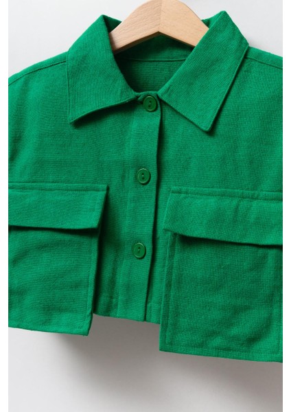 Kız Çocuk Keten Yeşil Cepli Crop Gömlek fiyatları