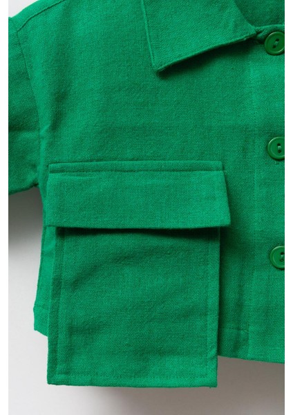 Kız Çocuk Keten Yeşil Cepli Crop Gömlek modelleri