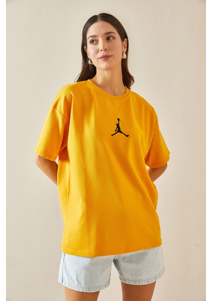 Sarı Bisiklet Yaka Yazılı Oversize Tshirt 5YXK1-48702-10