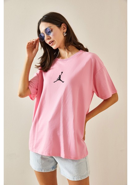 Pembe Bisiklet Yaka Yazılı Oversize Tshirt 5YXK1-48702-20 fiyatları