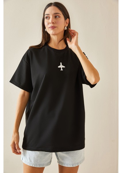 Siyah Bisiklet Yaka Yazılı Oversize Tshirt 5YXK1-48701-02
