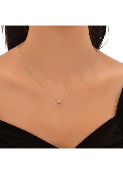 Minimalist Gümüş Yıldız Kolye Kırmızı Renk