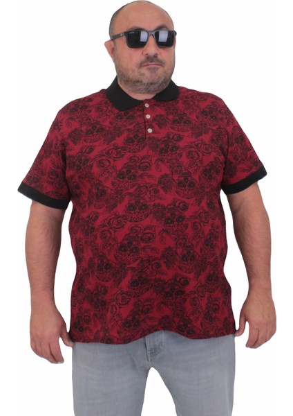 Erkek Büyük Beden Polo Yaka Tişört Skull 24454 Bordo