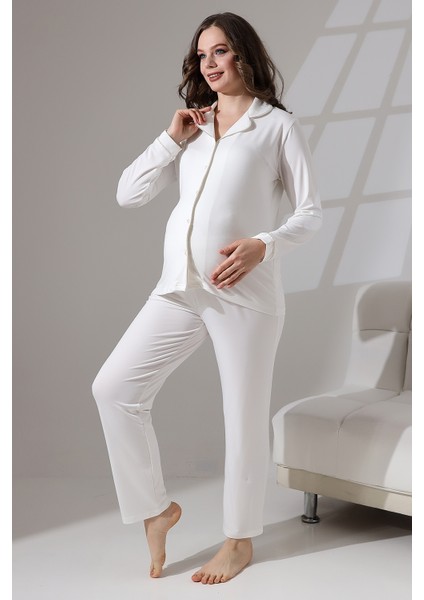Önden Düğmeli Hamile Lohusa Uzun Kol Pijama Takımı