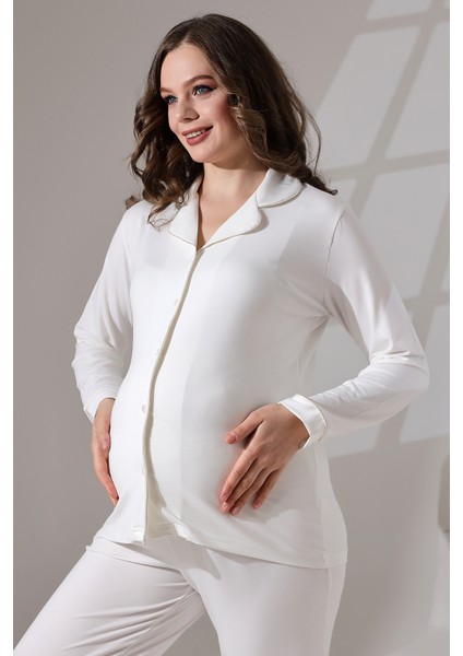 Önden Düğmeli Hamile Lohusa Uzun Kol Pijama Takımı