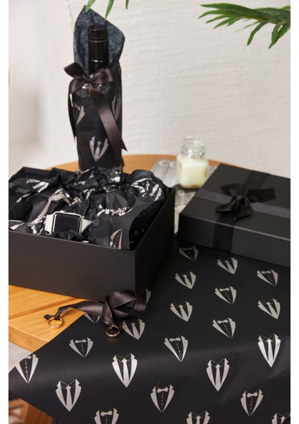 Hediye Paketleme Kağıdı çeyiz Damat Bohça Paketi 50 Adet Özel Damat Baskılı Pelur 17 gr Siyah 48 x 68 cm
