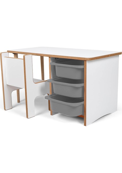 3 Çekmeceli Oyun, Aktivite, Etkinlik Masası, Beyaz-Gri, 18mm Mdf