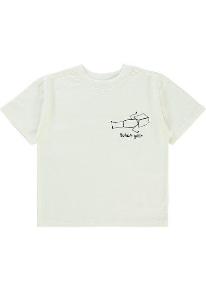 Oversize Çocuk Tişört 6-9 Yaş Ekru