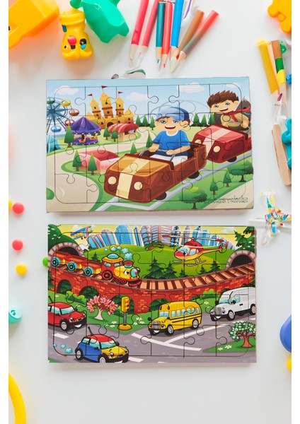 Okul Öncesi Başlangıç Yapboz Lunapark Maceram Ve Taşıtlar Ahşap Puzzle Set